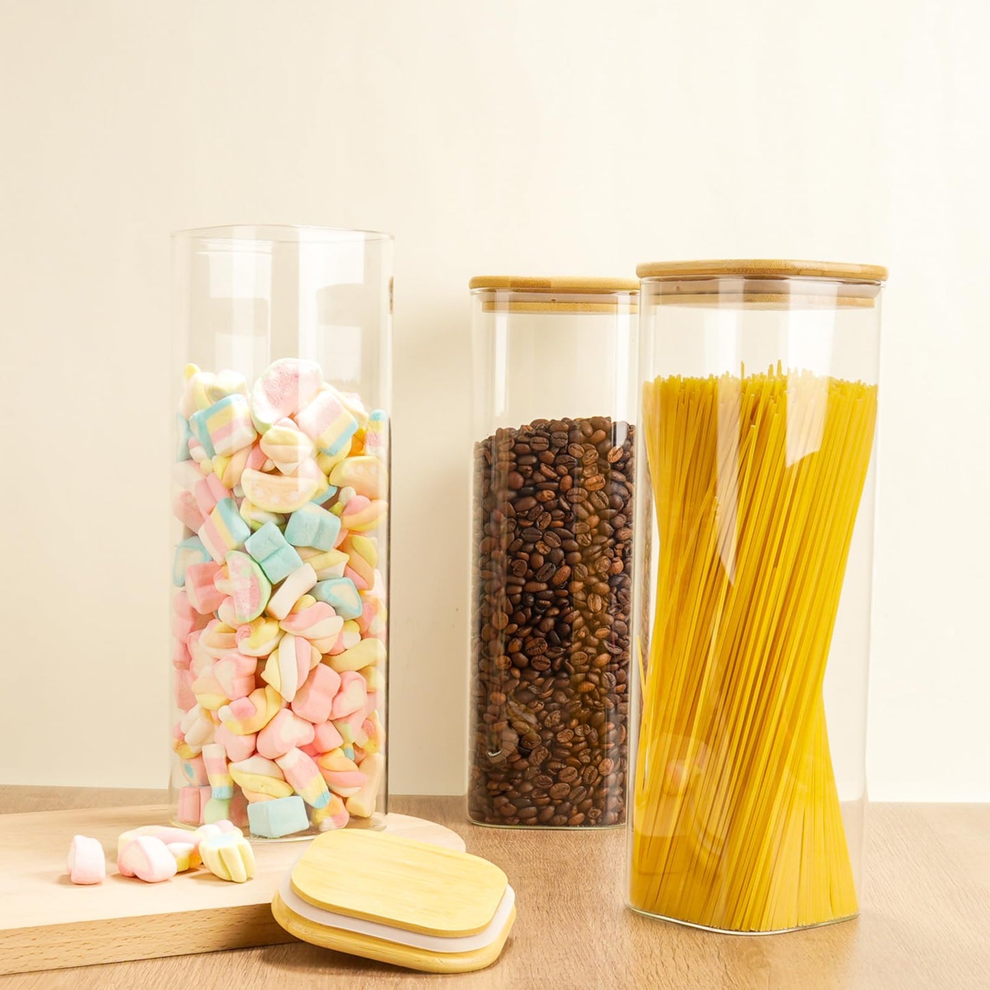 Glass Spaghetti Pasta Storage Container - 3 Pack 2.5 QT Airtight Food Storage Jar Set with Bamboo Lid Labels -Tall Square Kitchen Pantry Canister Organizers for Noodle Cookies Flour Cereal Coffee Bean