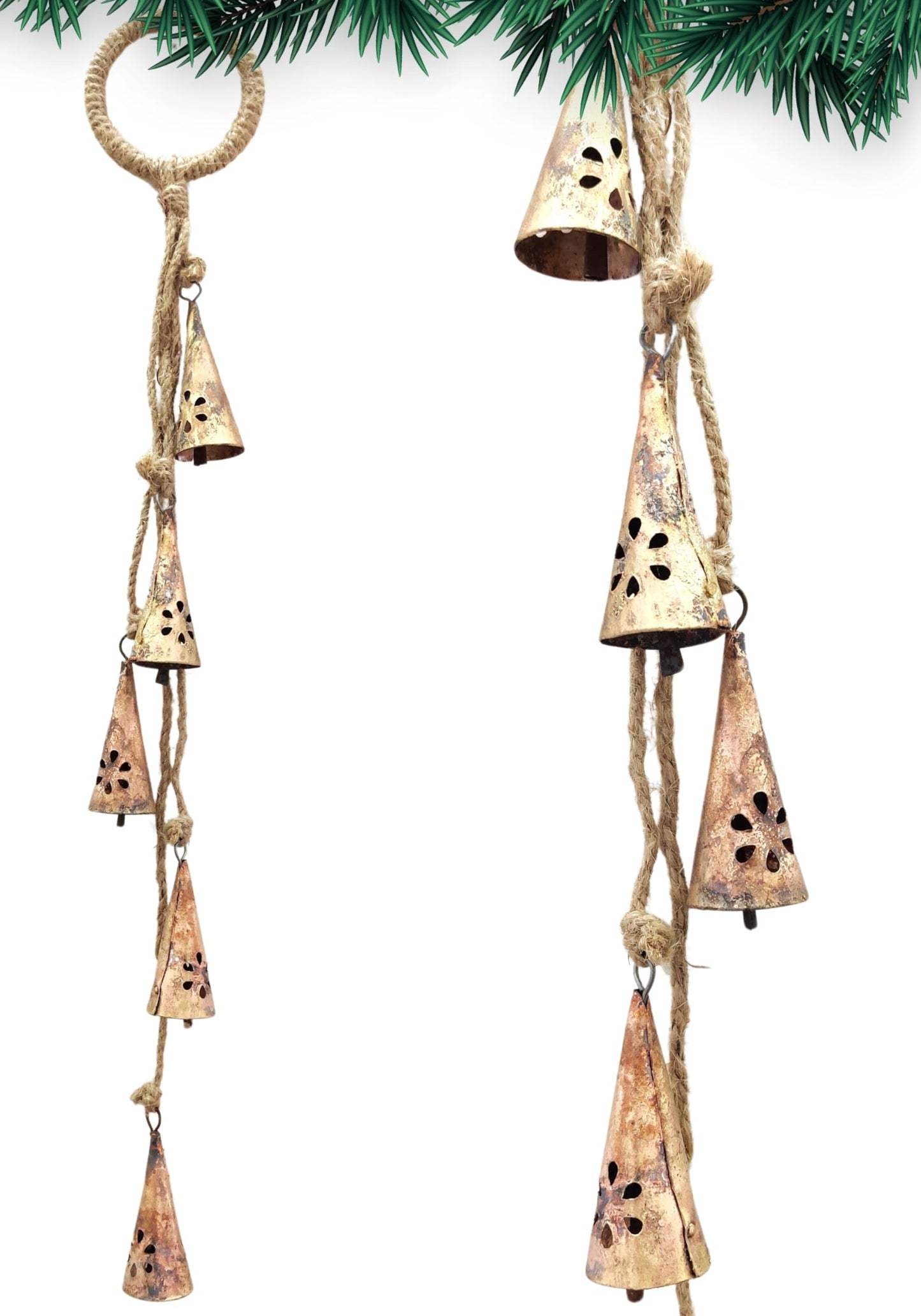 HIGHBIX Shabby Chic Hanging Bells Cluster – Rustic Handmade Metal Bell Décor for Wall, Door, Garden, or Festive Decoration (1, Flower Cut Cone)