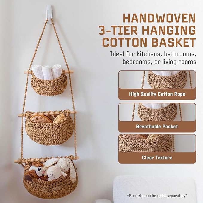 Cotton Hanging Fruit Basket, 3 Tier Woven Wall Basket, Hanging storage baskets