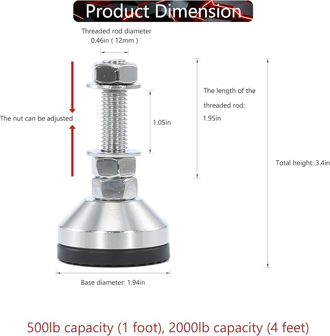 Heavy Duty 2000 lb Capacity Stainless Steel Adjustable Leveling Feet