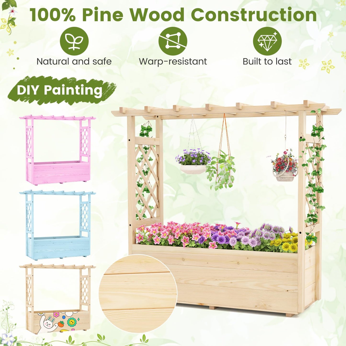 Giantex Raised Garden Bed with Sided Trellis & Hanging Roof, Wood Planter Box, Freestanding Garden Planter Raised Bed for Flowers Herbs Climbing Vines 45”x16”x41” (L x W x H)