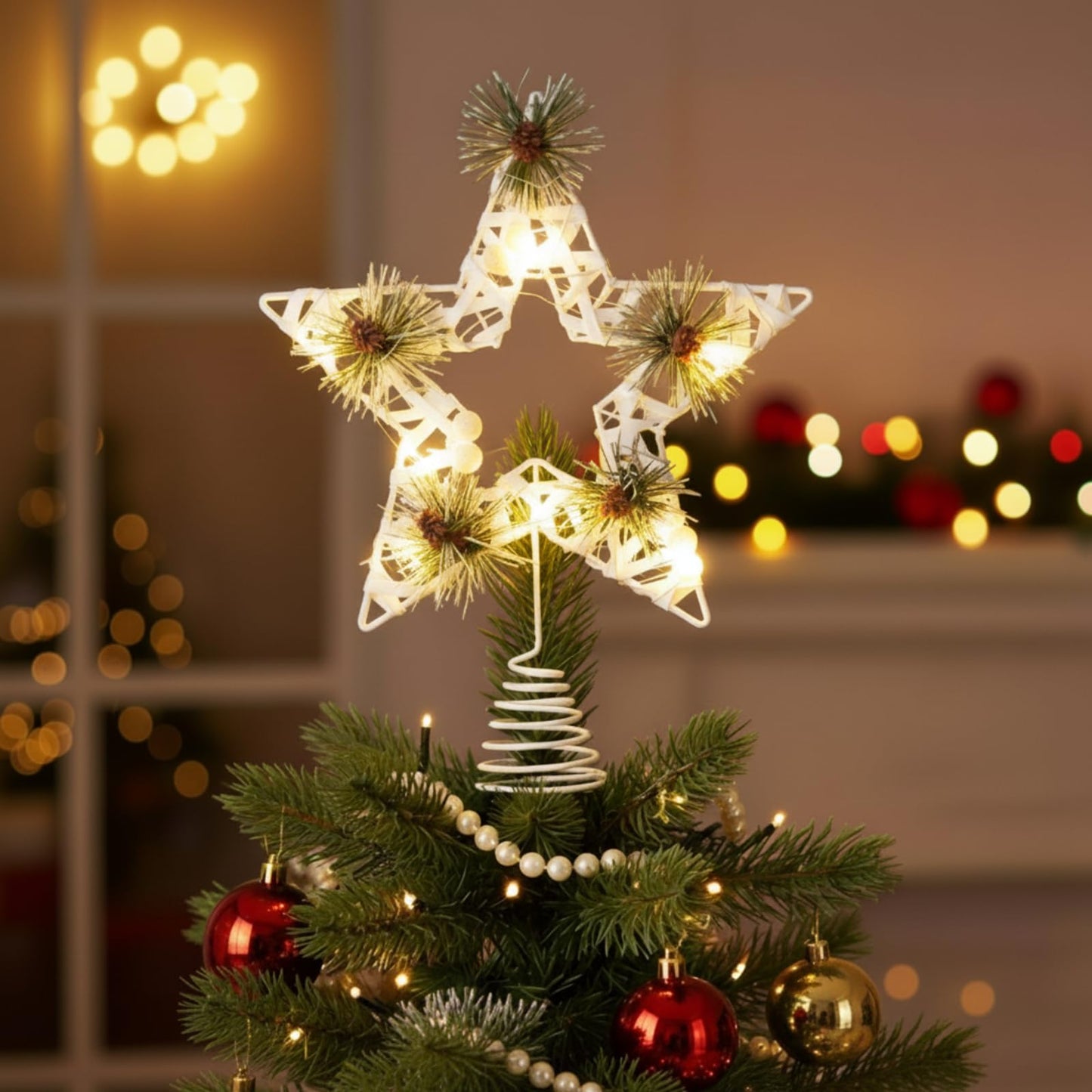 Amyhill White Christmas Star Tree Topper Decor 8 x 11 Inch Farmhouse Rustic Lighted Metal Tree Topper Farmhouse Christmas Ornament for Xmas Holiday Seasonal Decorations