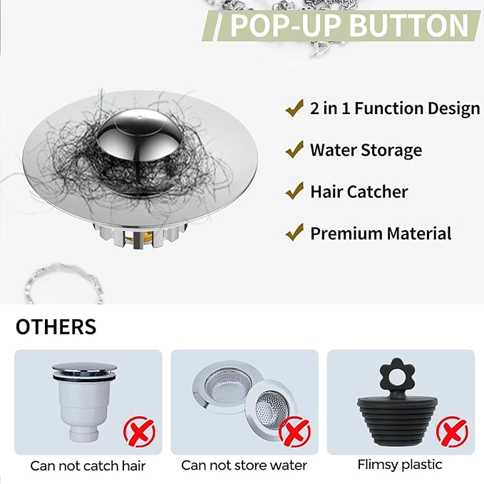 Kitchen Sink Drain Strainer 3 in 1, 304 Stainless Steel Pop Up Sink Stopper