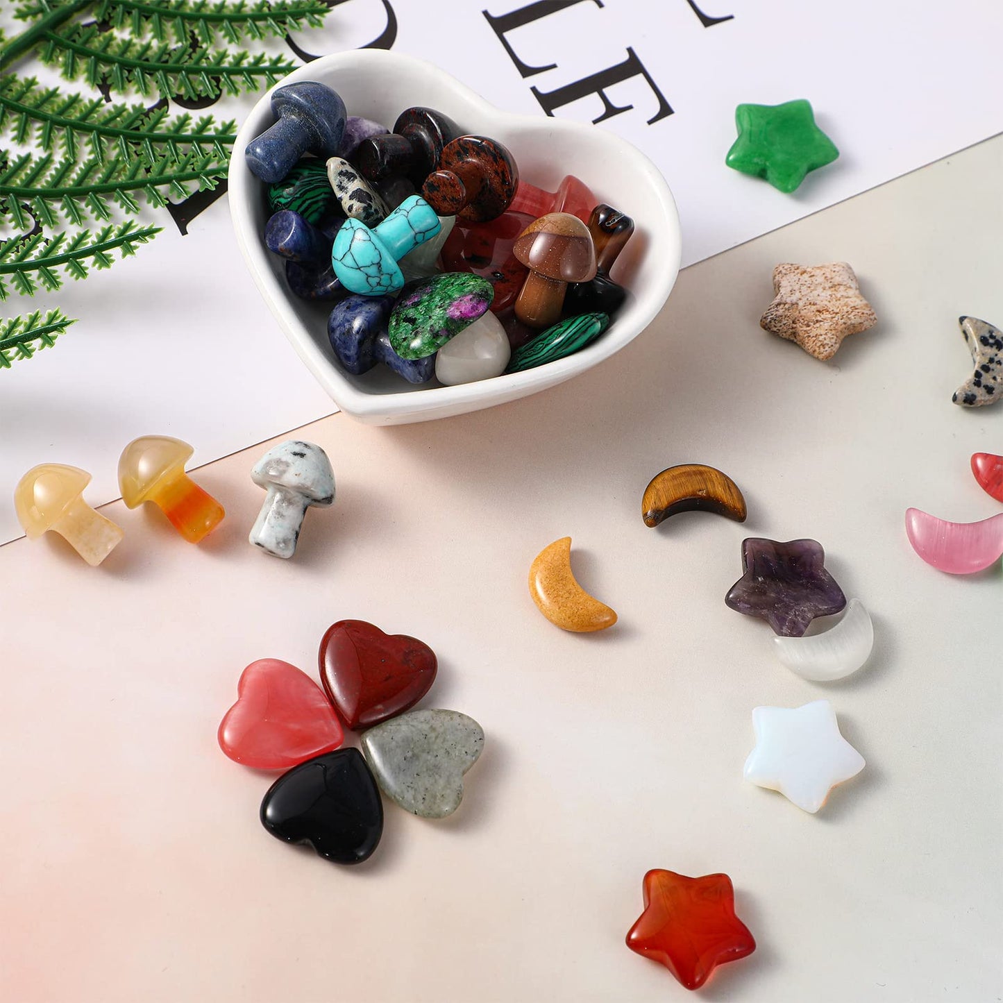 Nuenen 100 Pieces Crystal Bulk Mushroom Sculpture Valentine Heart Shaped Moon Star Crystals Stones Worry Stones Assorted Hand Making Palm Thumb Gemstones for Meditation Reiki Balancing