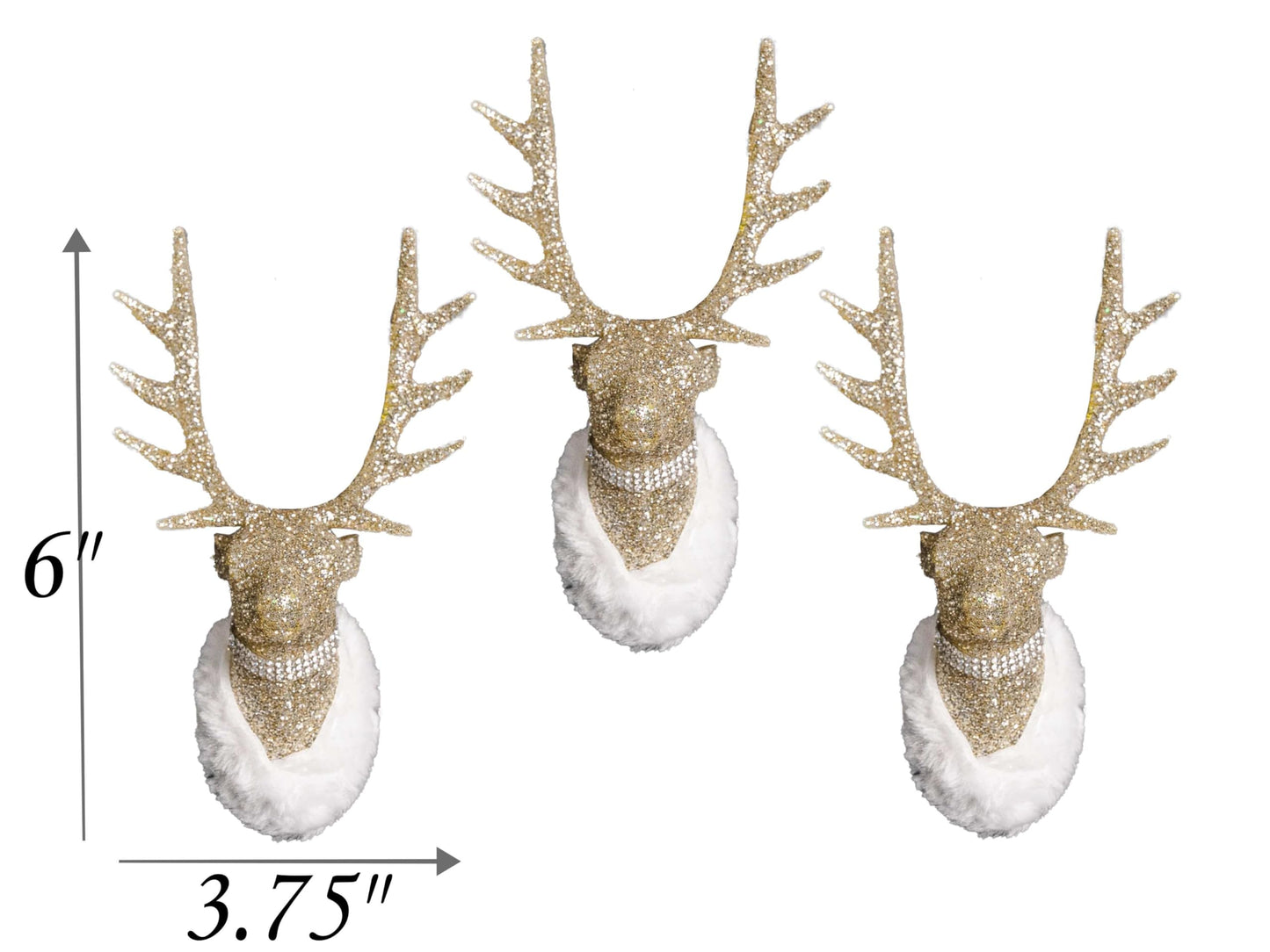 Christmas Traditions 6"(H) x 3.75"(W) Champagne Gold Glittered Reindeer Head Ornaments Hanging Tree Decorations (Champagne Gold)(Small)