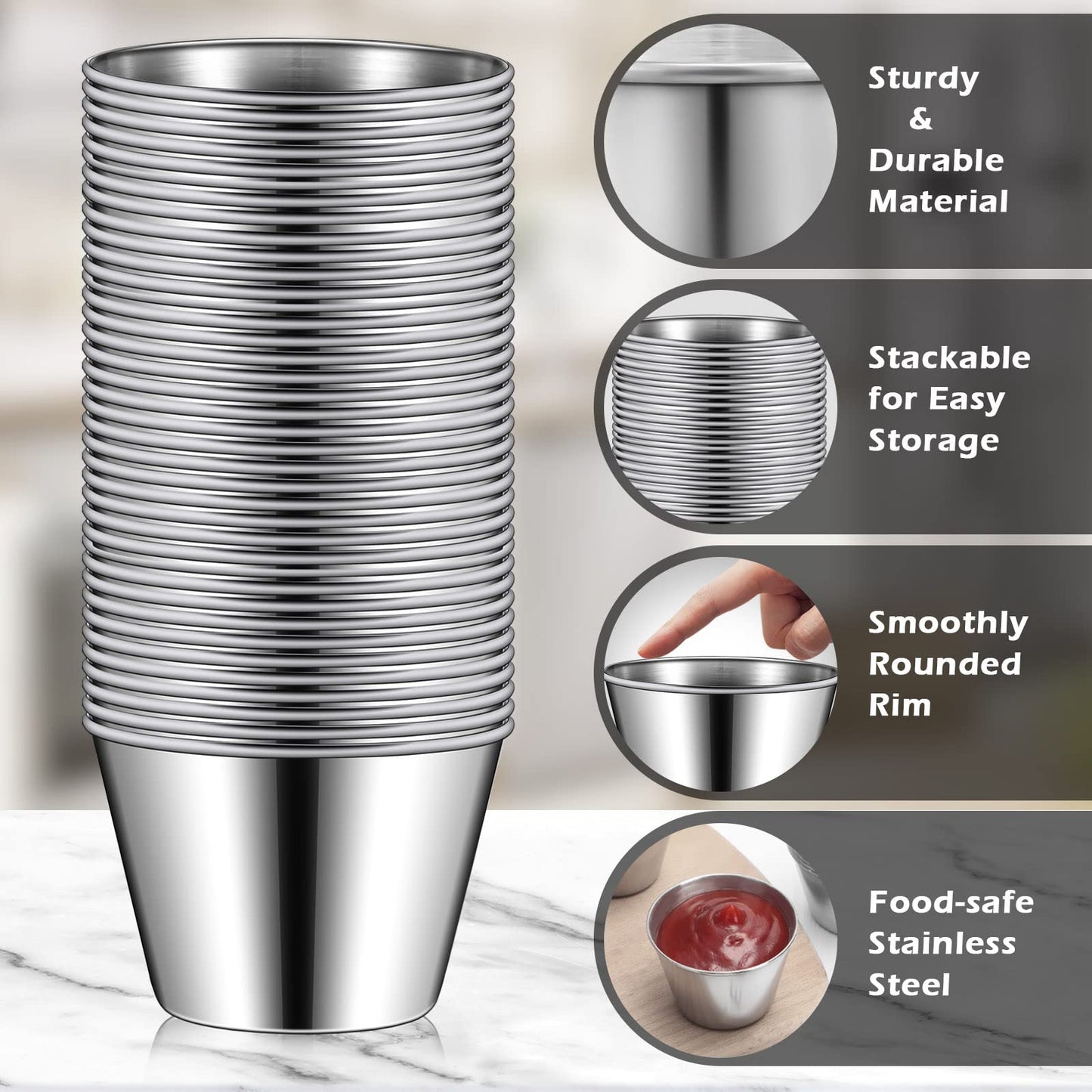 Mimorou 100 Pcs 2.5oz Metal Ramekins Stainless Steel Sauce Dipping Cups Ramekins Bulk Sauce Container Round Dipping Bowls Condiment Cup for Dish Butter Kitchen Restaurant Serving Party Dinner Cooking