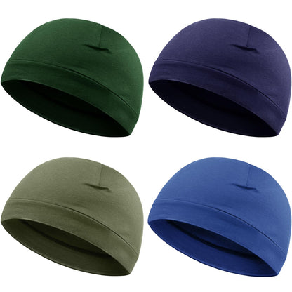 Syhood 4 Pcs Cotton Skull Caps for Men Women Breathable Beanie Thin Sleep Hat Night Running Cap Helmet Liner for Cycling Gym(Army Green, Navy Blue, Black, Dark Blue,Solid Style)