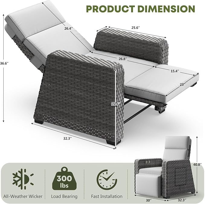 WACASA Outdoor Recliner Chair with Independent Dual-Control – 150° Lay-Flat Wicker Patio Armchair with Air Pump, Flip-Up Side Table, Extended Footrest & 5" Thick Fade-Resistant Olefin Cushions