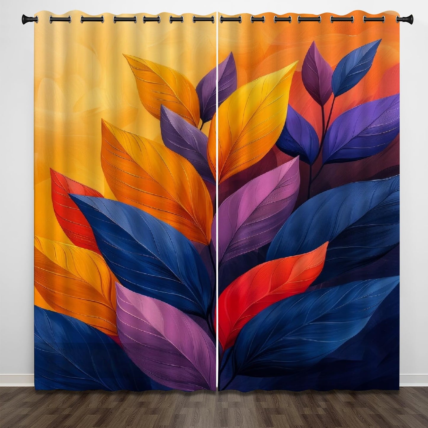 Colorful Plant Leaves Blackout Curtains 2 Panels, Yellow Brown Background 3D Printed Drapes with Grommet Darkening Thermal Insulated Window Draperies for Living Room Bedroom(104" W x 63 "L)