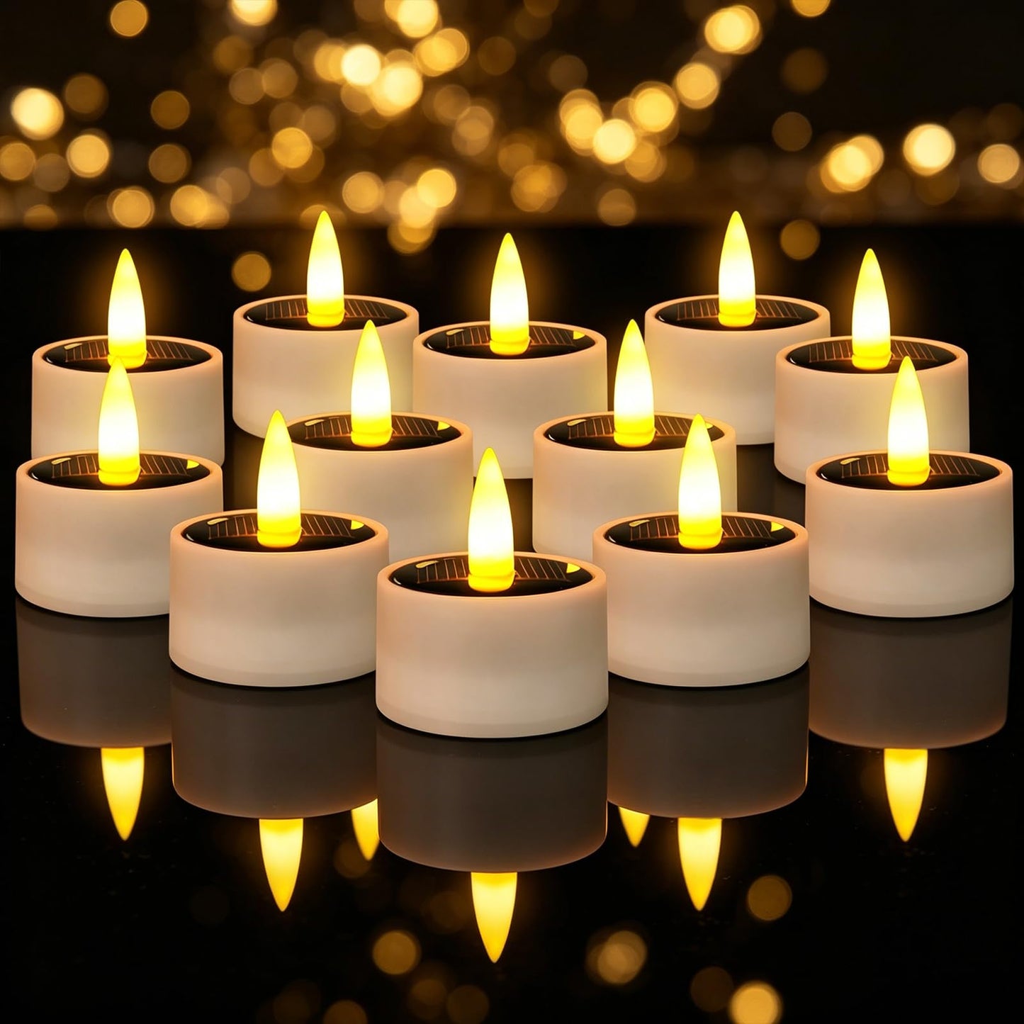 12 Pcs Solar Tea Lights Outdoor - Waterproof Rechargeable Dusk to Dawn Outdoor Lighting Flameless Flicker Reusable LED Little Solar Candles for Lanterns Camping Garden Home Decorations, 1.57''x1.77''
