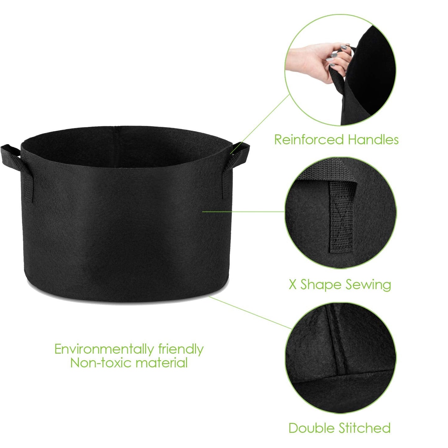 Garden4Ever 5-Pack 15 Gallon Grow Bags Heavy Duty Container Thickened Nonwoven Fabric Plant Pots with Handles Black