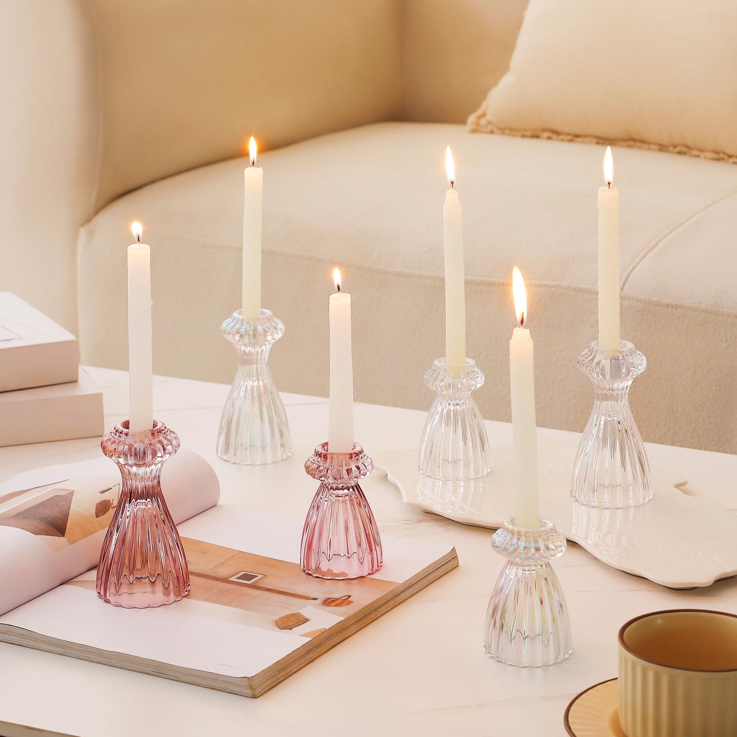 Lysenn Glass Candle Stick Holder Set of 3 – Premium Taper Candle Holders for Romantic Ambiance - Candle Sticks Holder Decor for Special Occasions - Clear