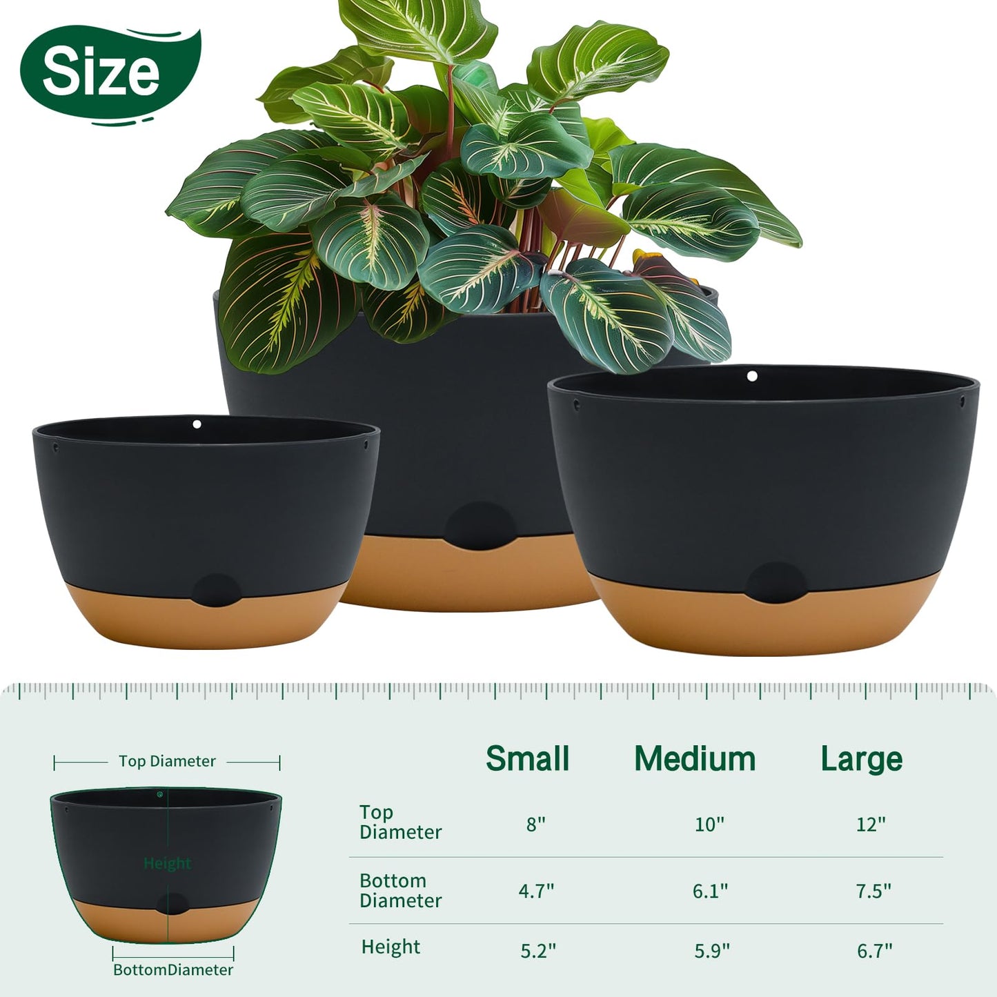 Koalaime 8/10/12 Inch Pots for Indoor Plants, Large Self Watering Planters with Drainage and Saucers, Plastic Outdoor Flower Pot, Set of 3, Grey
