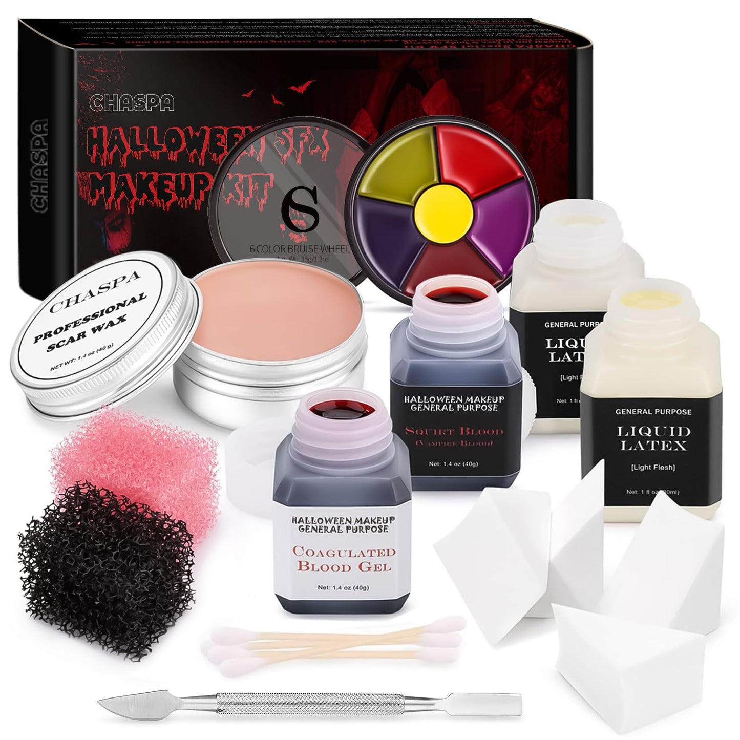 CHASPA Halloween Liquid Latex Special Effects SFX Makeup Kit for Fake Scar Wound Makeup - Scar Wax + 2 Btl Liquid Latex + 2 Btl Fake Blood + Spatula Tool + 2Pcs Stipple Sponge for Halloween Cosplay