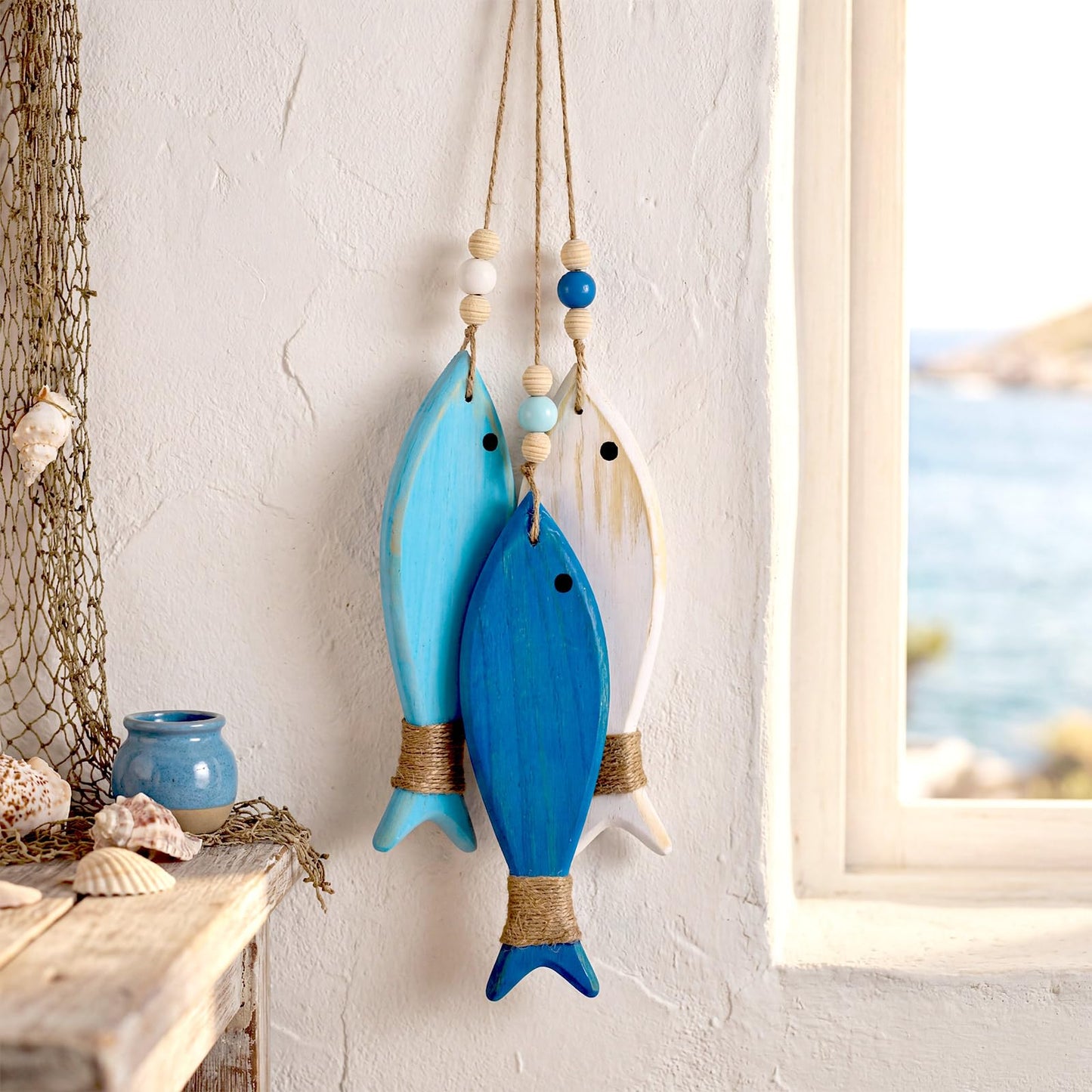 Geelin 3 Pcs Wooden Fish Wall Decor Fish Wall Art Nautical Decor Carved Hanging Beach Lake House Coastal Ornaments Wooden Fishs for Home Bathroom Bedroom Decorated