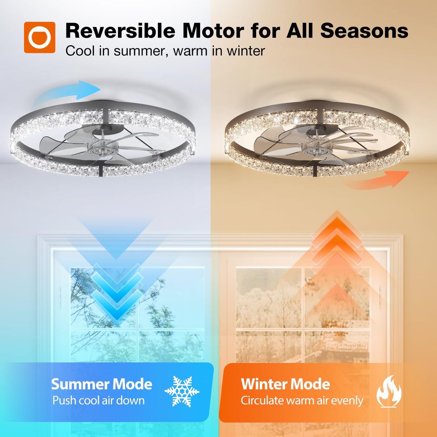addlon Ceiling Fans with Lights and Remote, 24'' Low Profile Flush Mount Ceiling Fan, 3000–6000K Dimmable LED Fandelier, Bladeless Crystal Fan Light for Bedroom, Kitchen, Living Room, Black