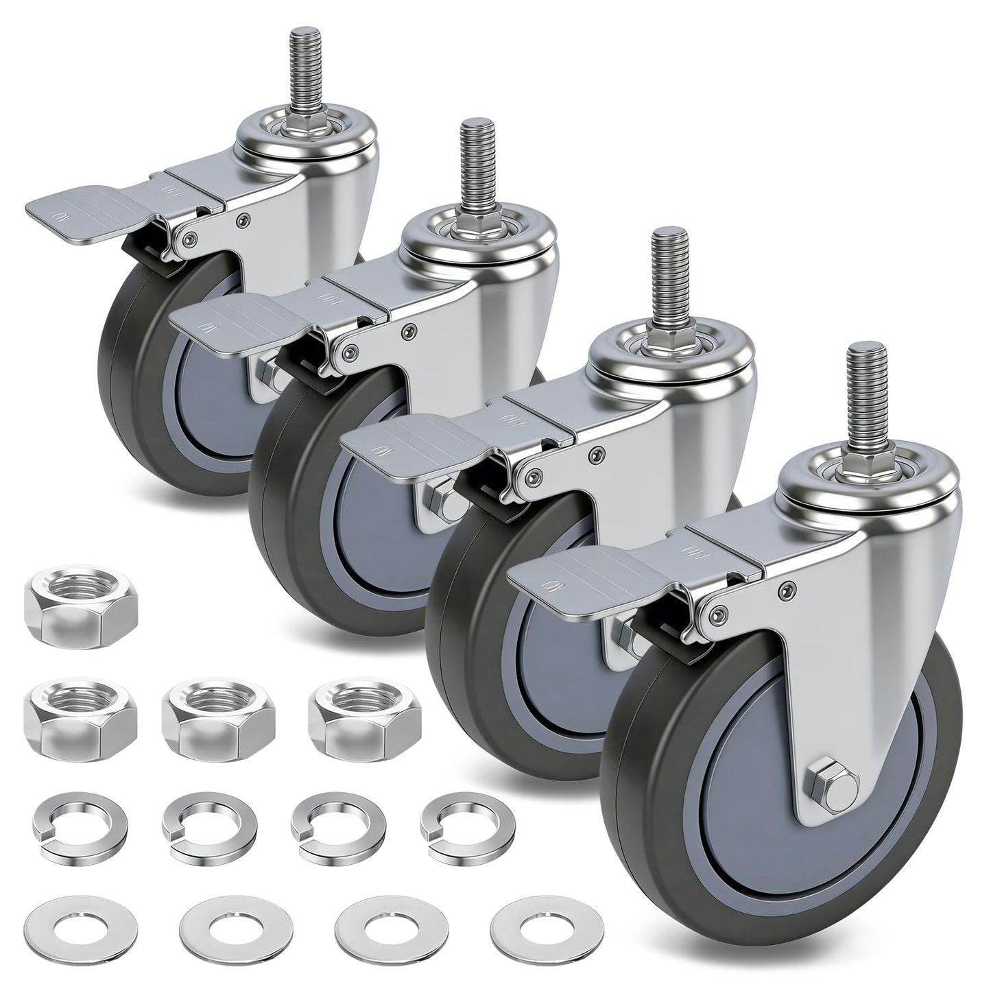 AAGUT 5 Inch Locking Swivel Casters 1/2"-13 x 1.5 Threaded Stem Wheels with Brake Grey TPR Rubber Wheel Set of 4