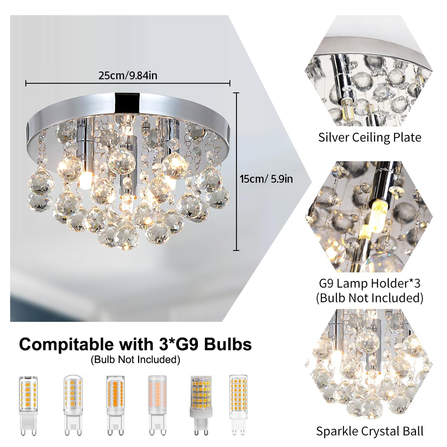 TISLYCO Modern Raindrop Crystal Chandelier, 3 Lights Flush Mount Ceiling Light, Silver Modern Mini Ceiling Light Fixture for Bedroom, Dining Room, Living Room, Hallway, Closet, Bathroom