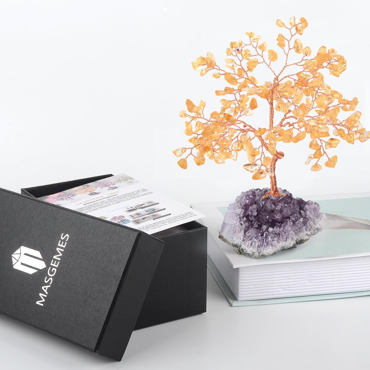 MASGEMES Natural Citrine Crystal Tree with Amethyst Geode Base,Crystal Ornaments Feng Shui Bonsai Money Tree,Chakra Balancing Positive Energy Figurings Decor 5.5"-6.3"