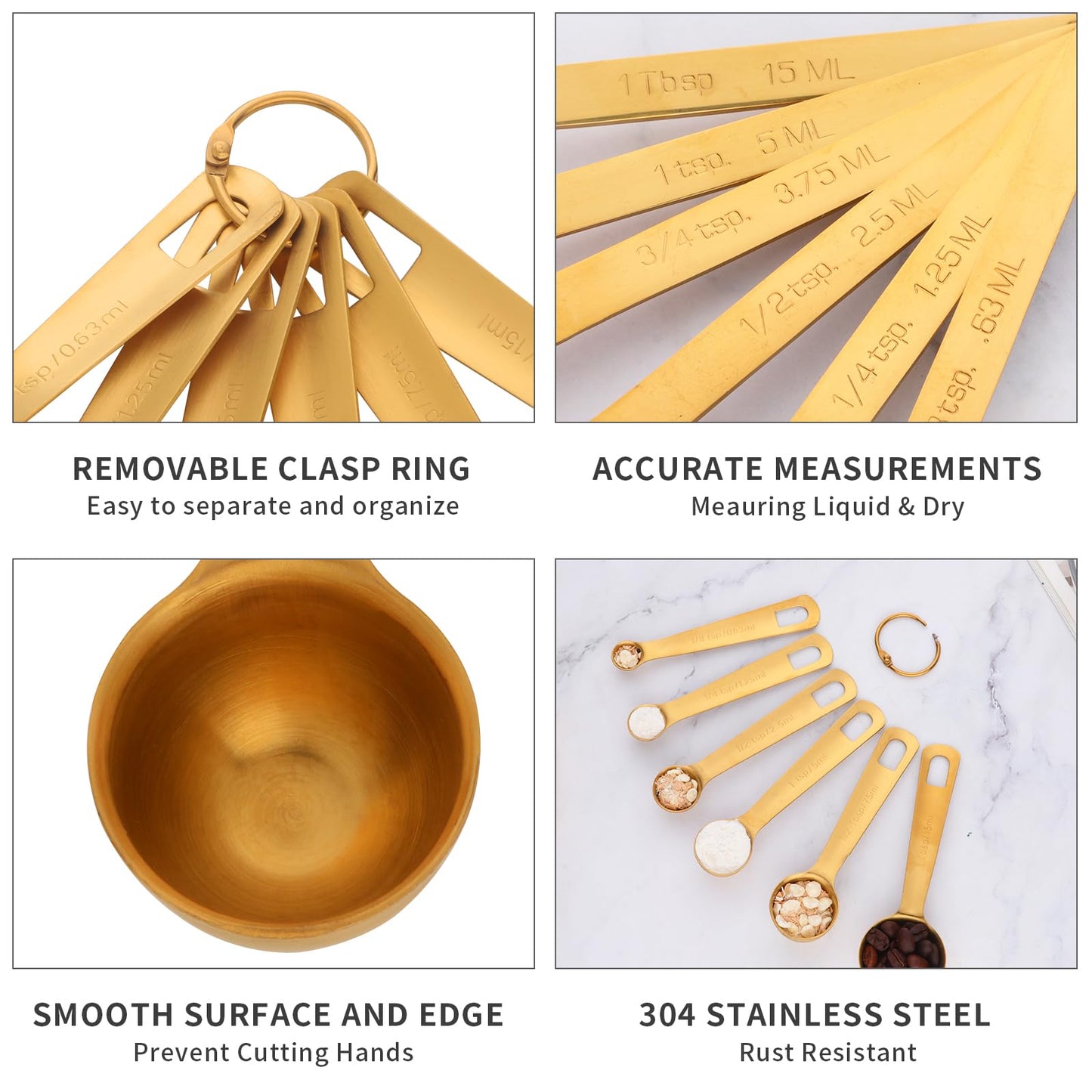 DOCBLACK Measuring Spoons, Heavy Duty 18/8 Stainless Steel Measuring Spoons Cups Set, Set of 6 for Gift Measuring Dry and Liquid Ingredients - Gold