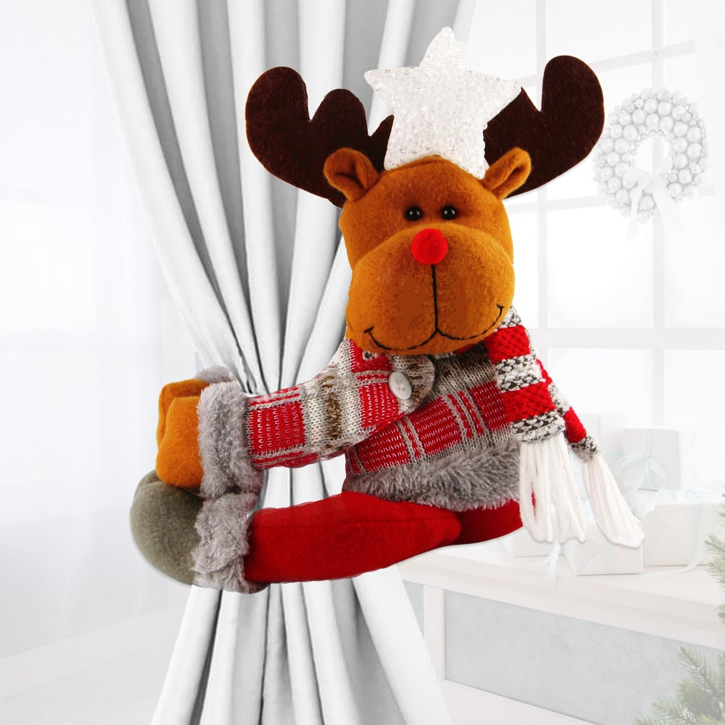 Christmas Plush Reindeer Tree Topper with Glowing White Star - Multifunctional Xmas Treetop Ornament, Home Curtain Tie & Hugger Wine Bottle Party Decoration