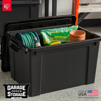 IRIS USA 20 Gallon Lockable Storage Bins with Lids, 6 Pack - Made in USA, Heavy Duty, Stackable Containers, Garage Organizing Bins Moving Tubs, Rugged Sturdy Equipment Utility Box - Black