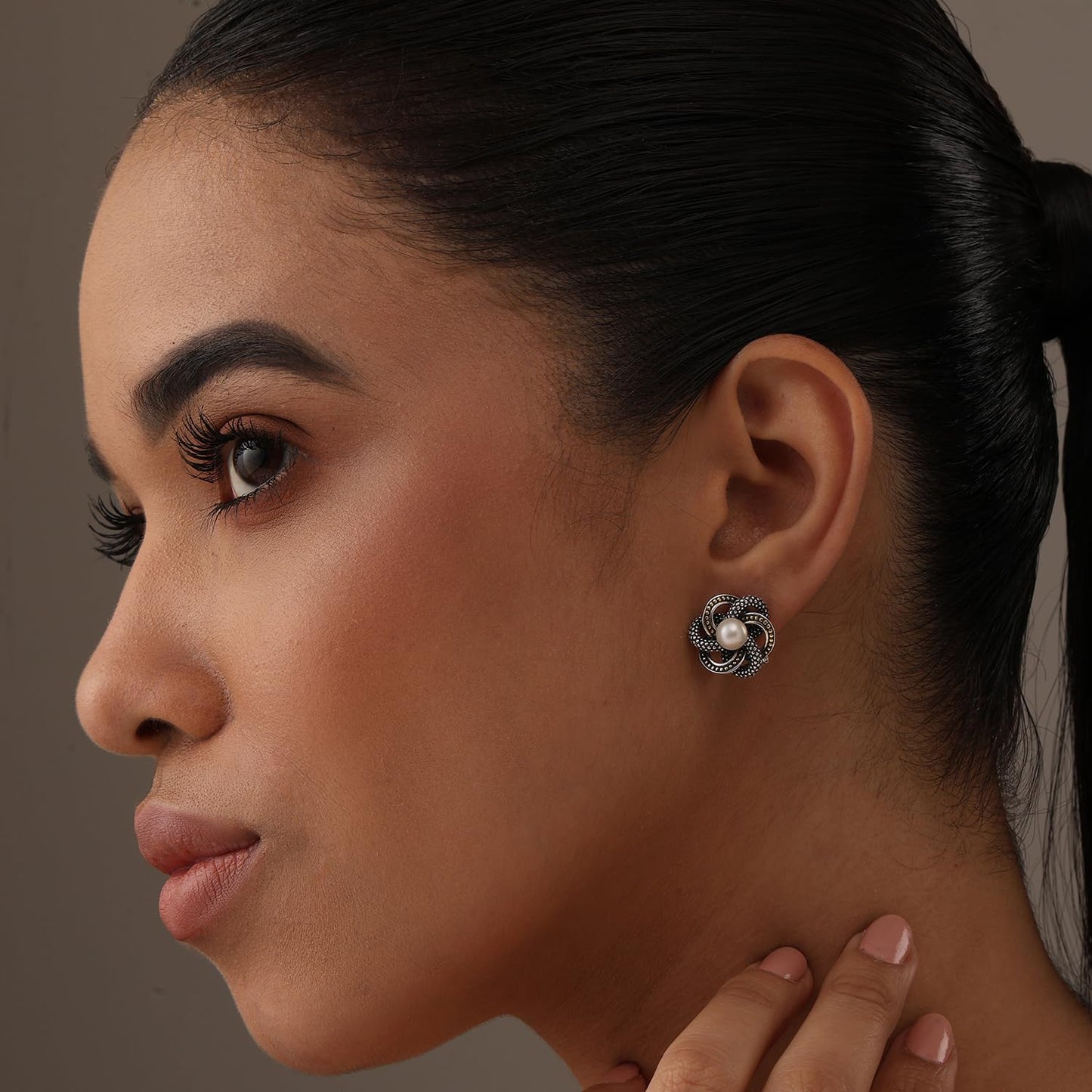 LeCalla 925 Sterling Silver Freshwater Pearl Earrings for Women | Caviar Beaded Pearl Clip-On Omega Back Stud Earring | Two-Tone Love Knot Earrings Gifts for Her 15MM