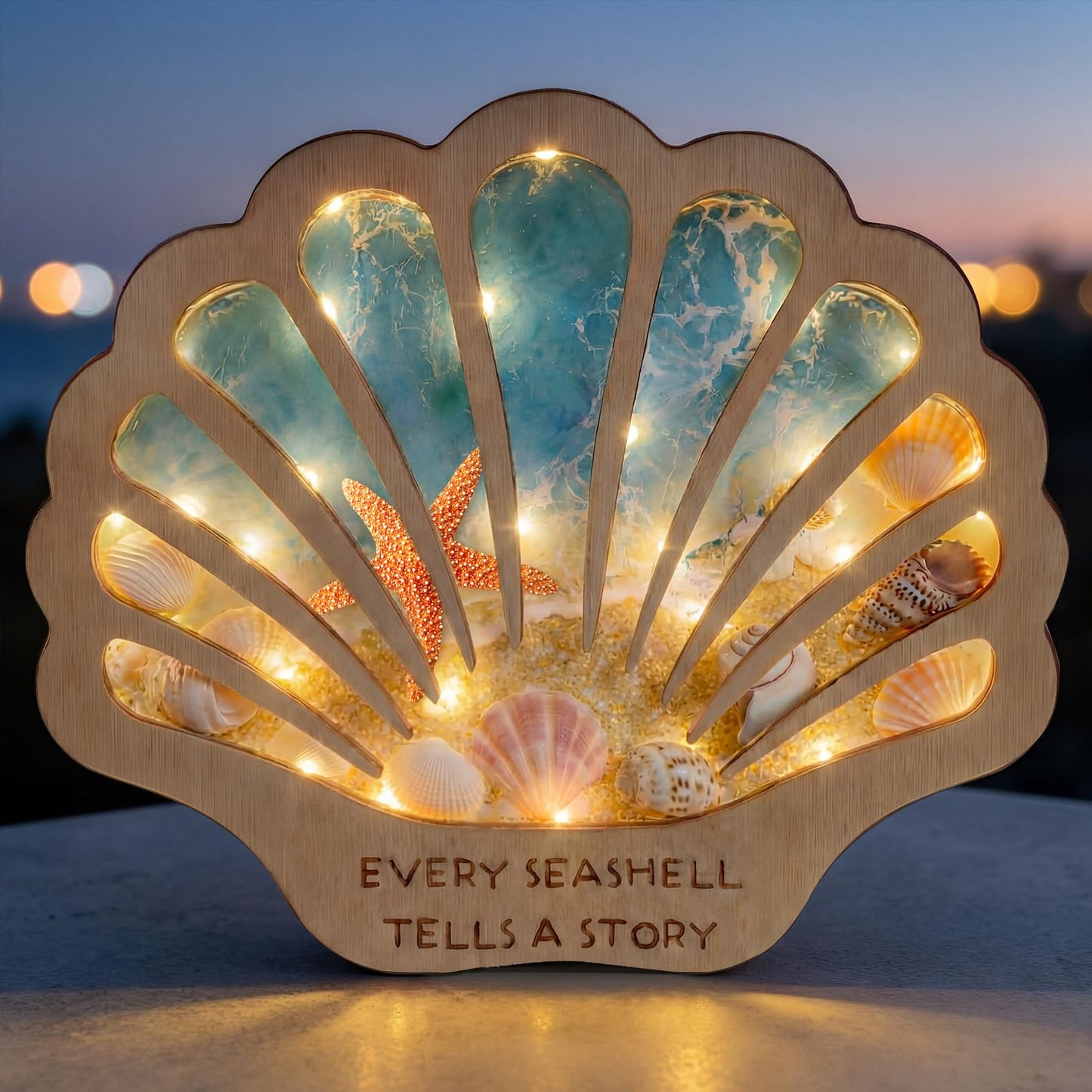 FoldTier Seashell Display Case Wooden Sea Shell Holder with Lights and Window for Sea Glass, Starfish, Shark Tooth Collection Shadow Box Beach Home Decor Birthday Graduation Ocean Themed Gift
