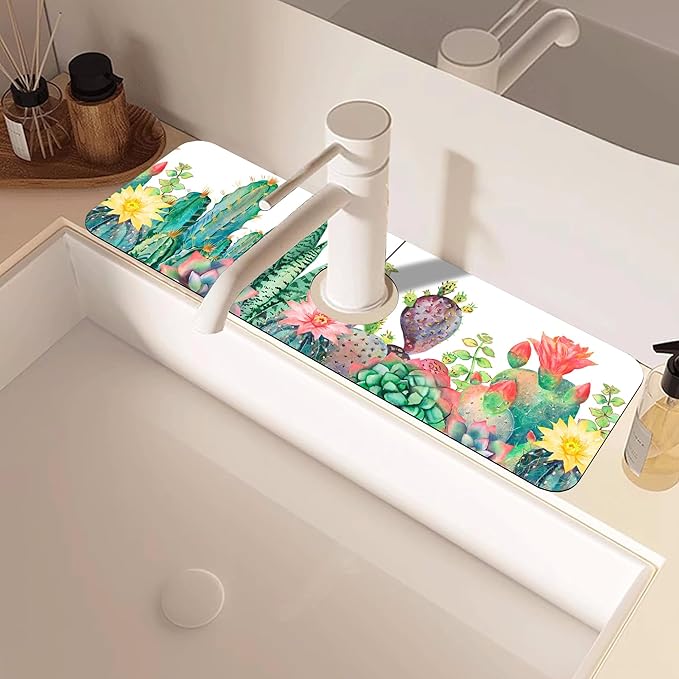 Watercolor Cactus Floral Sink Faucet Absorbing Mat Sink Splash Guard Faucet Mat