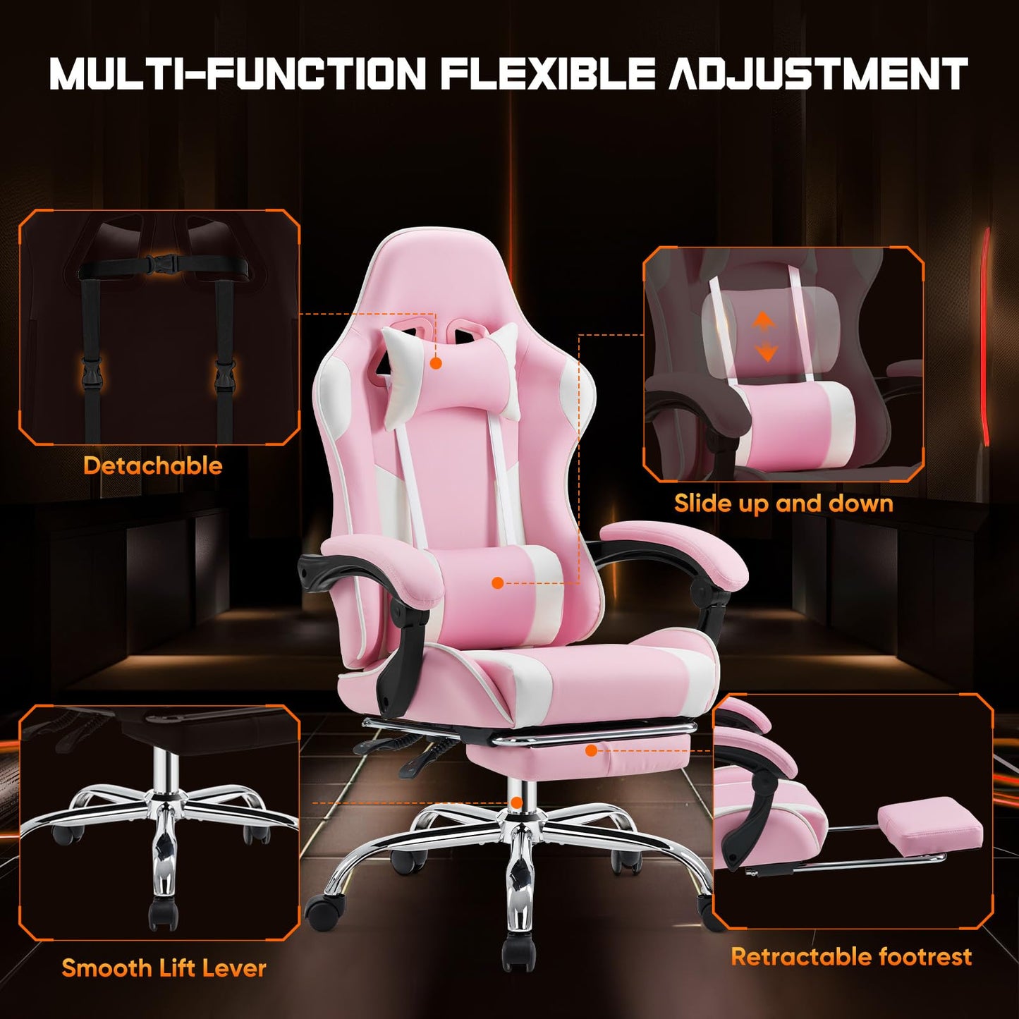 Sweetcrispy Video Game Desk Chair - Ergonomic Computer with Footrest and Comfy Lumbar Support, PU Leather Recliner with Headrest, Fixed Up Armrest, Height Adjustable with 360° Swivel, for Adults, Pink