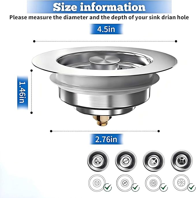 1Count 3-in-1 Kitchen Sink Drain Strainer & Stopper