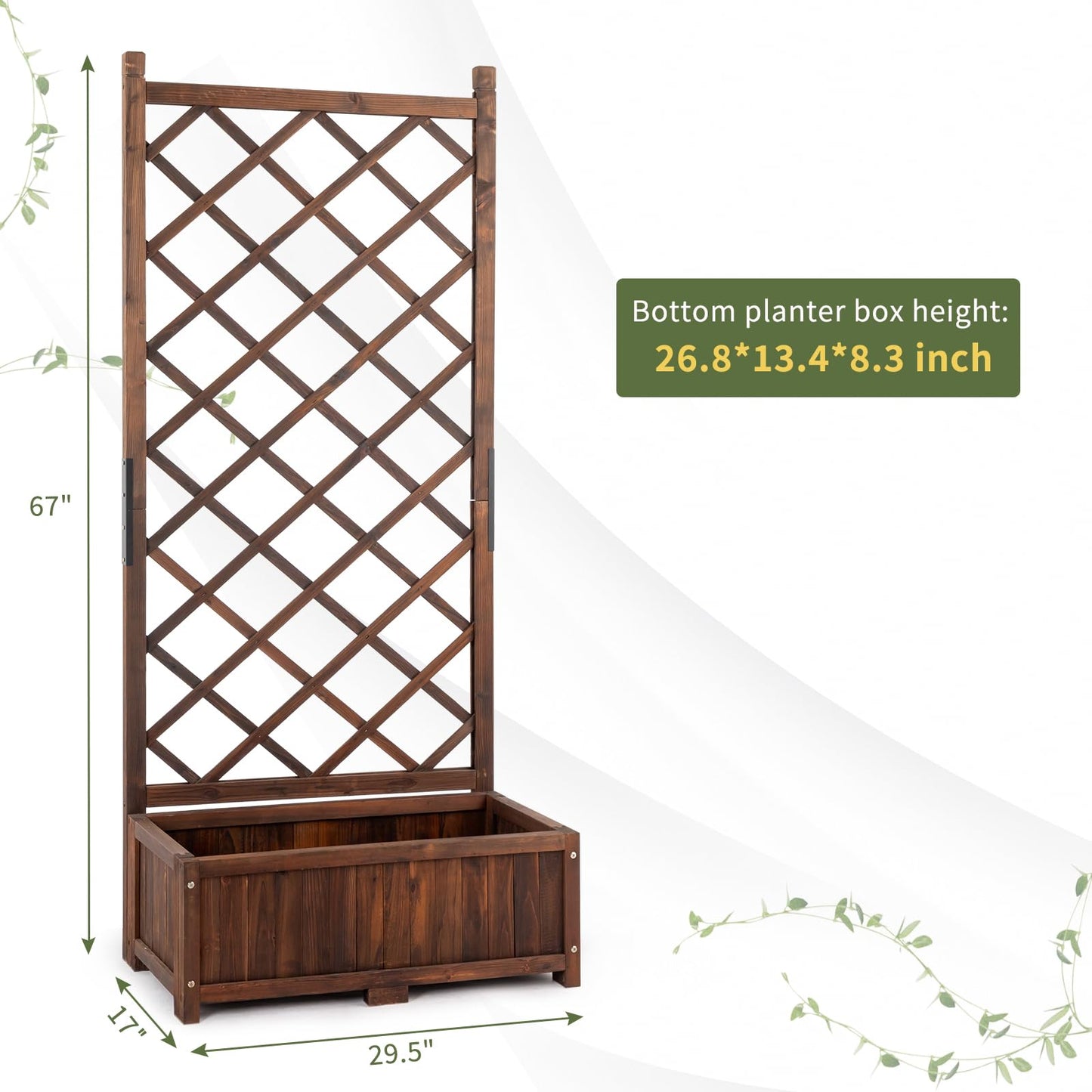 Outvita Wood Planter with Trellis, 29" x 17" x 67" Outdoor Raised Garden Bed with Drainage Holes, Vertical Standing Planter Box for Climbing Plants Vegetable in Garden, Patio, Balcony (Brown)
