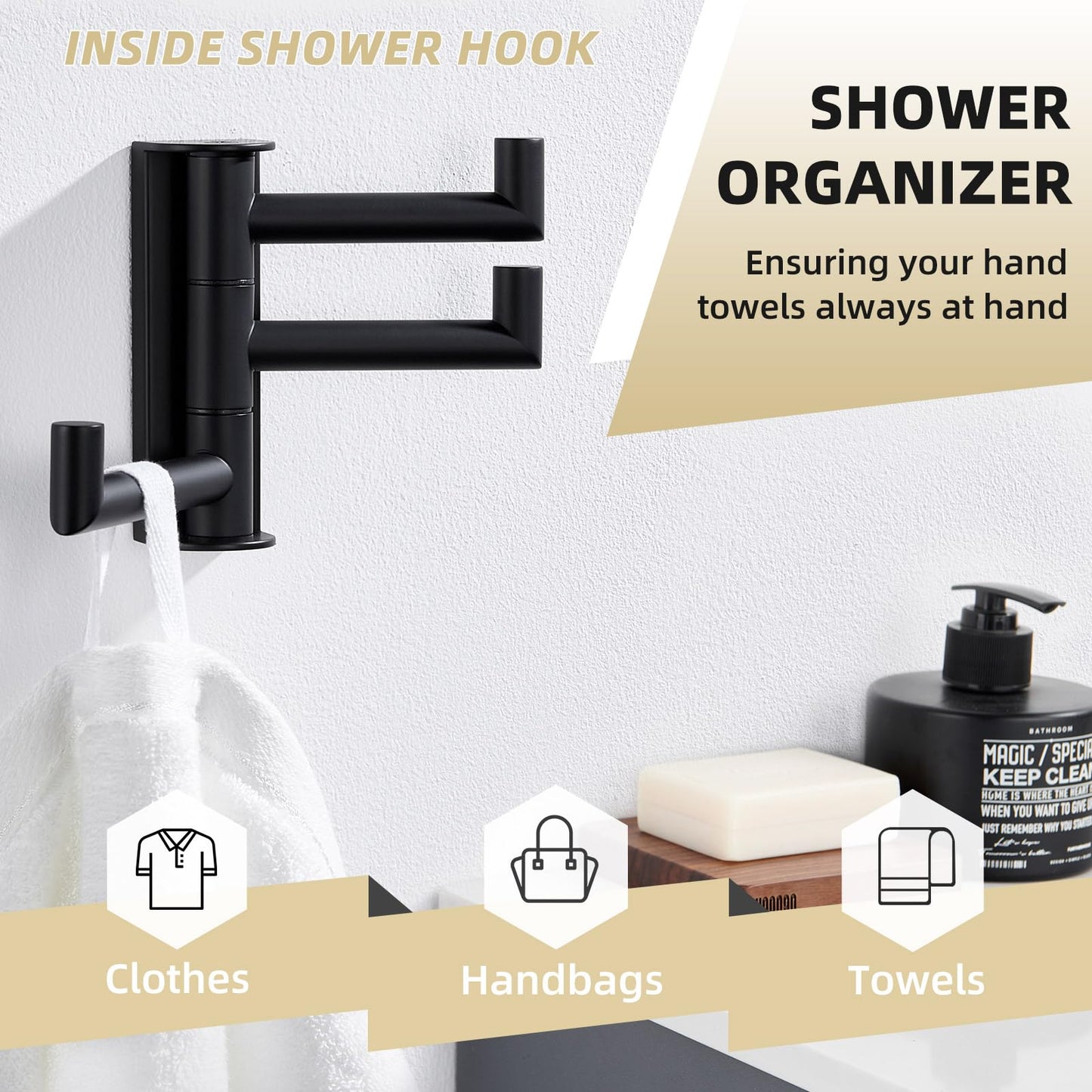 APLusee Swivel Towel Hook, 304 Stainless Steel Foldable Clothes Hook with Multi Three Rotating Arm, Flexible Bathroom Kitchen Storage Hanger Wall Mounted, Matte Black