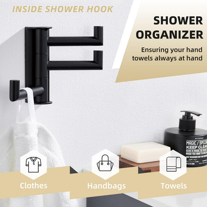 APLusee Swivel Towel Hook, 304 Stainless Steel Foldable Clothes Hook with Multi Three Rotating Arm, Flexible Bathroom Kitchen Storage Hanger Wall Mounted, Matte Black