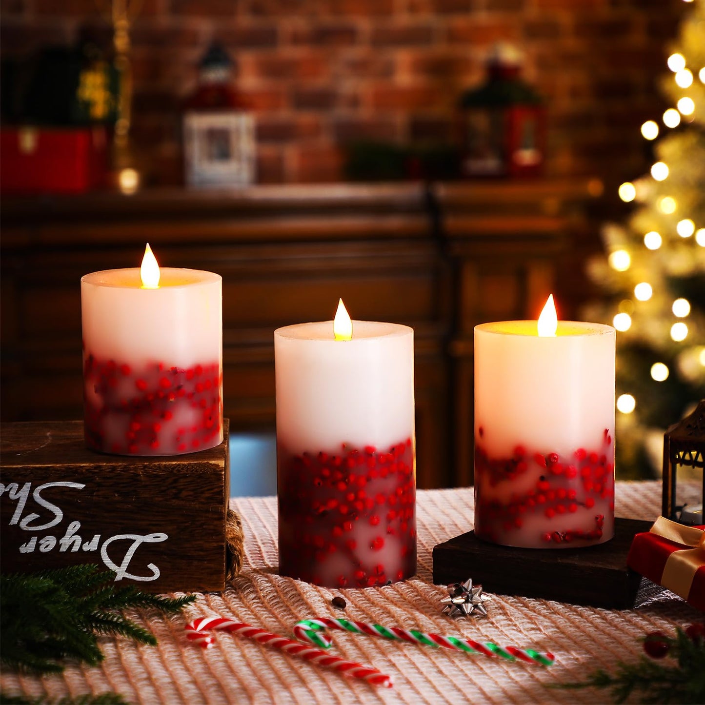 Baquler 3 Pcs Christmas Flameless LED Candles Rowan Berries Embedded Real Wax Unscented Flicker Wick Pillar Candle Battery Operated Warm Light for Home Party Xmas Gift Decoration