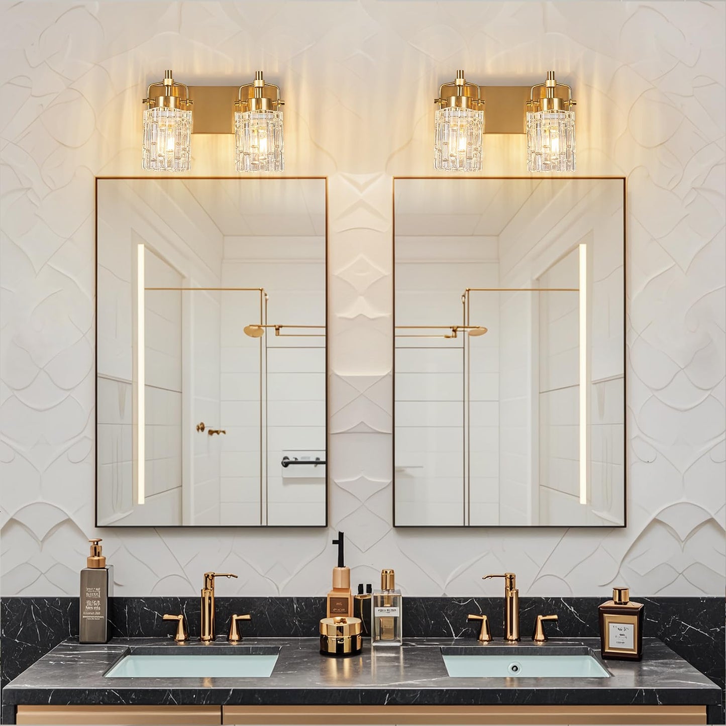 BNHHLZ 2 Light Crystal Glass Vanity Light, Gold Bathroom Lighting Fixtures Over Mirror Modern Bath Wall Sconce Lighting for Bedroom Living Room