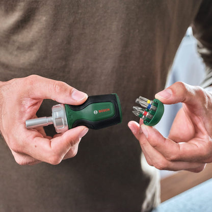 Bosch Stubby Ratchet Screwdriver with 6 Bits (Compact High-Torque Ratchet Screwdriver for Powerful Fastening; 6 Bits Included; Ergonomic; Magnetic Bit Holder)