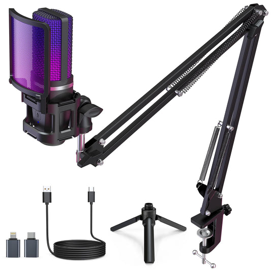 ZealSound Gaming Microphone, USB Mic for PC with Noise Cancellation, RGB, Mute, Gain Control, Zero-Latency Monitoring, Boom Arm, Tripod Stand & Pop Filter, for Mac, iPhone, Streaming, Twitch, YouTube