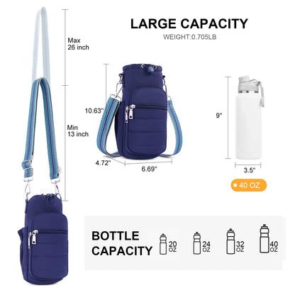 Lexiyat Water Bottle Bag 40 oz Crossbody Water Bottle Holder for Walking Hiking Insulated Compartment Carrier Purse with Adjustable Strap Blue