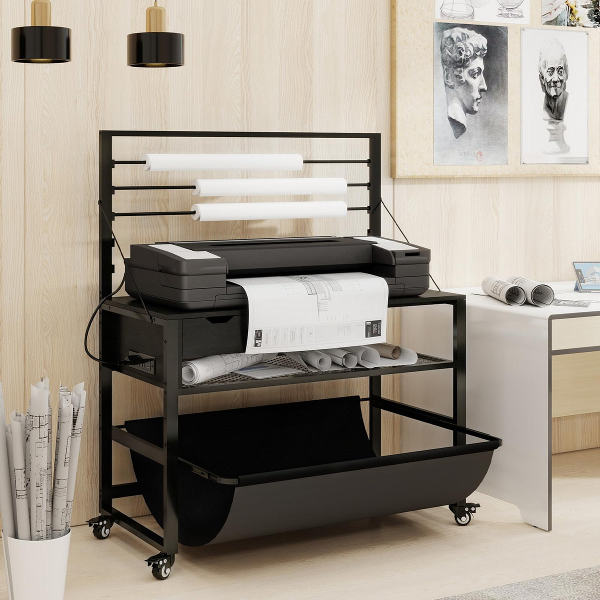Natwind Wide Format Printer Stand, Plotter Workbench Table with Pull-Out Drafting Storage, Roll Paper Holder, Accessory Drawer, Adjustable Storage Shelf for Plotters and Cutting Machines (Black)