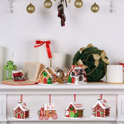 Funtery 6 Pcs Gingerbread House Ornaments for Christmas Tree Gingerbread Christmas Decor with Rope Xmas Hanging Ornaments for Tree Holiday Party New Year Home Decorations (Lovely Style)