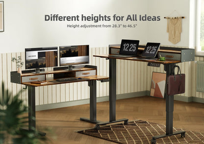 YDN Rustic Brown 2-Tier Adjustable Electric Standing Desk, 48 inch, Modern Design with 2 Drawers, Felt Fence, Hook, for Office