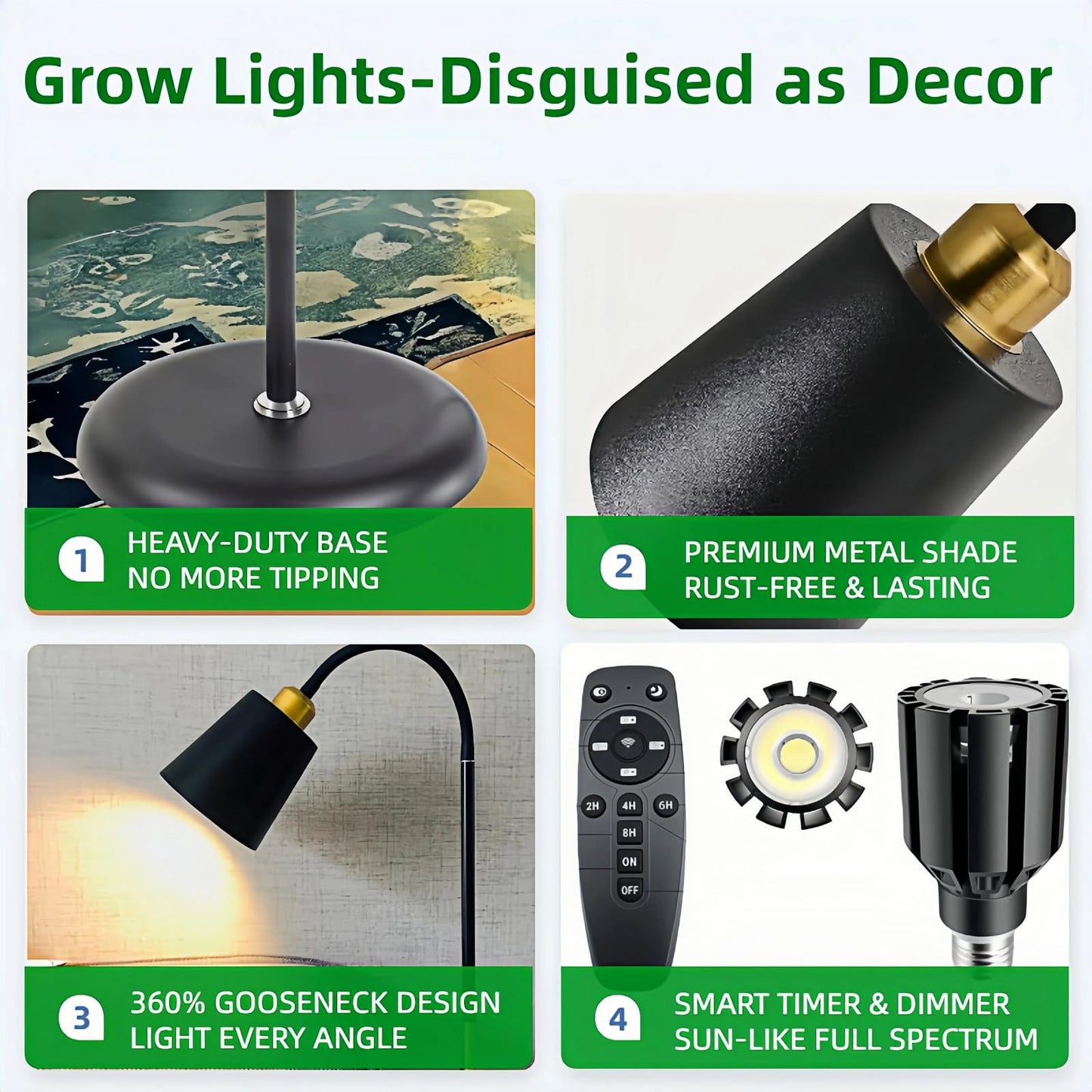 TheOneGrow Floor Lamp Grow Lights for Indoor Plants, Adjustable Height Tall Standing Plant Light with Remote & Timer, 360° Gooseneck, Full Spectrum Dimmable, Weighted Base