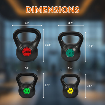 Fitvids Wide Grip 3-Piece Kettlebell Exercise Fitness Weight Set, Include 5 lbs, 10 lbs, 15 lbs and 20 lbs, Set of 3 or Set of 4
