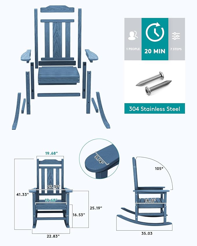 SERWALL Outdoor Rocking Chair Blue Set of 8, All Weather Patio Rocking Chair, HDPE Poly Rocking Chair for Adults, Heavy Duty Front Porch Rocker