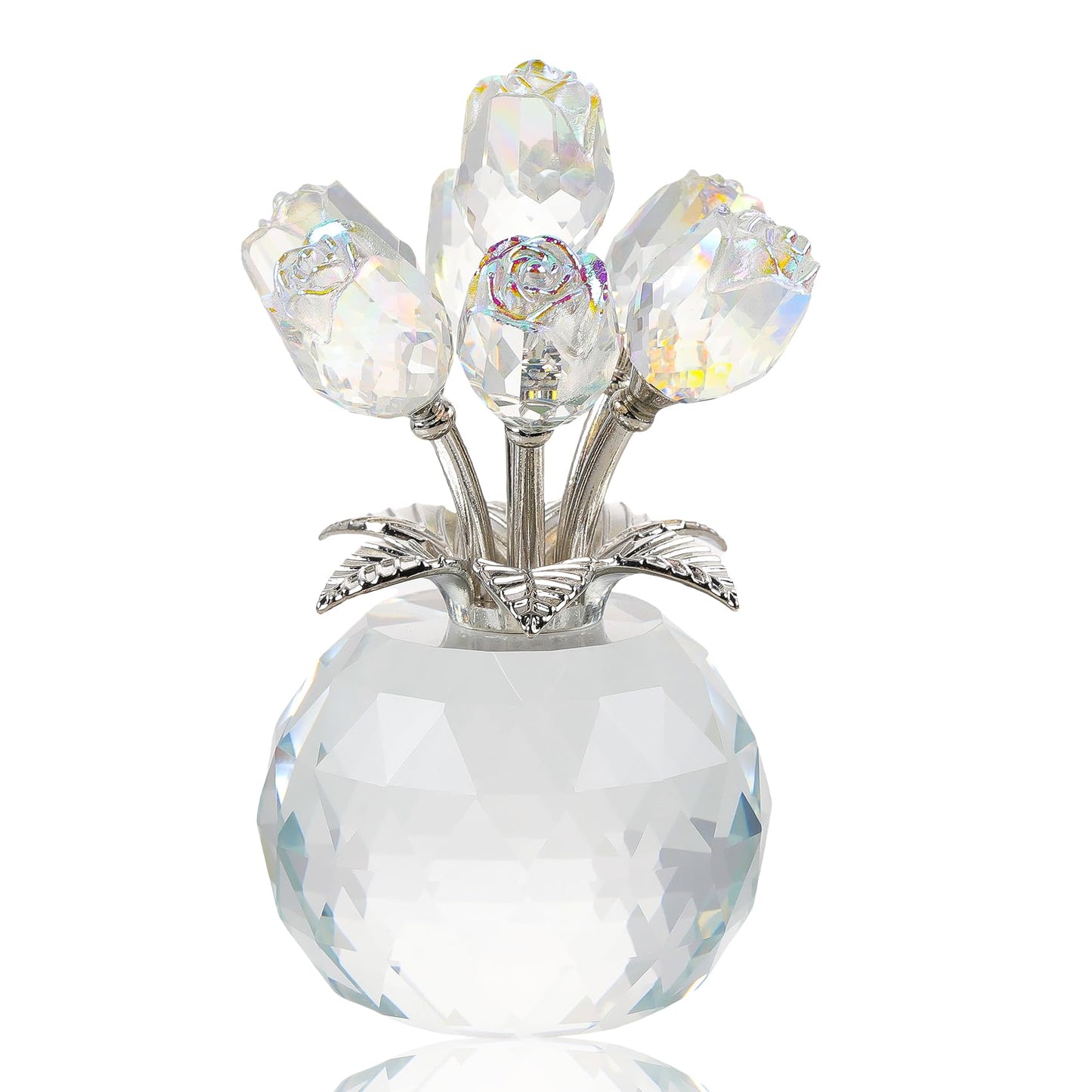 Arikyrist Crystal Clear Rose Bouquet Figurine with Round Vase, Glass Rose Flower Romantic Gifts for Women Mom on Birthday, Collectible Decoration Table Centerpiece for Home