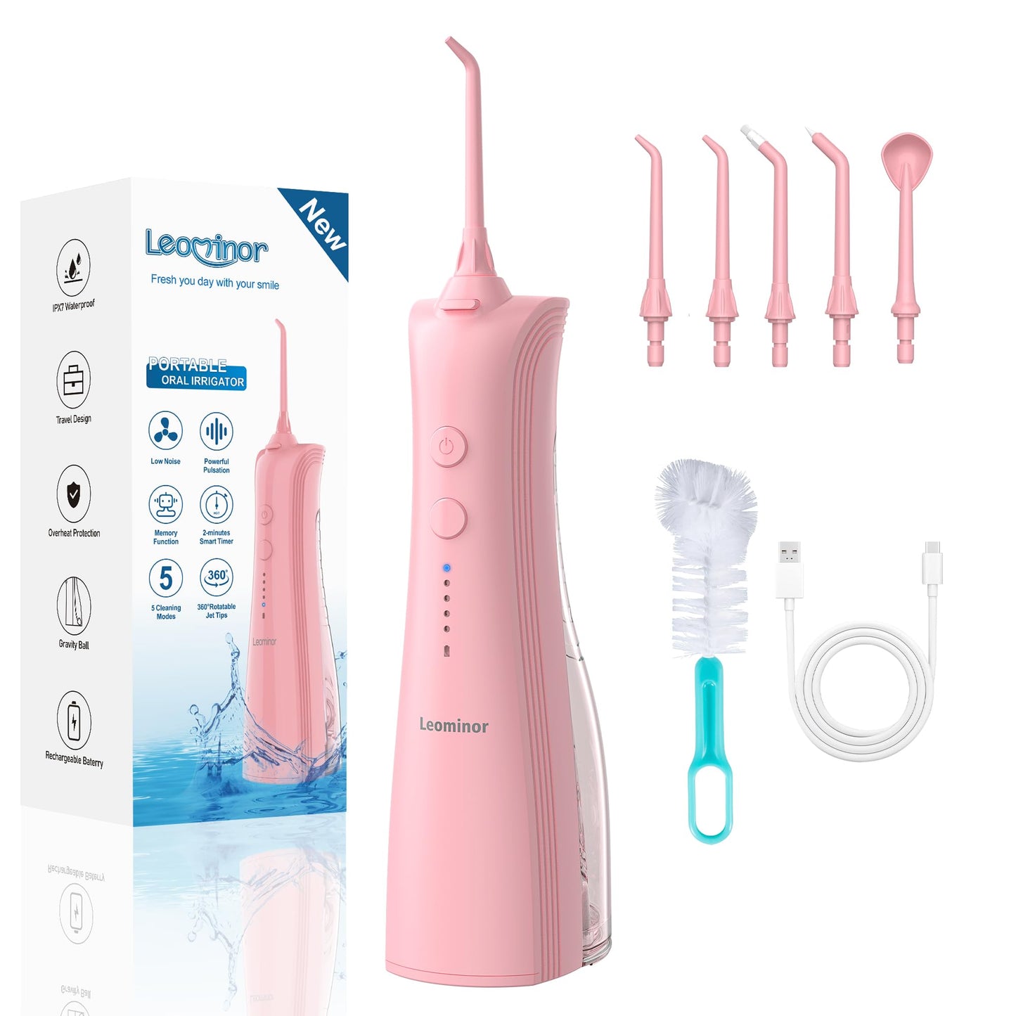 Leominor Water Dental Flosser - 5 Modes Cordless Portable Oral Irrigator, IPX7 Waterproof, Rechargeable Teeth Cleaner Upgrade Datchable Tank Professional Flossing Cleaning Pick for Home Travel (Black)