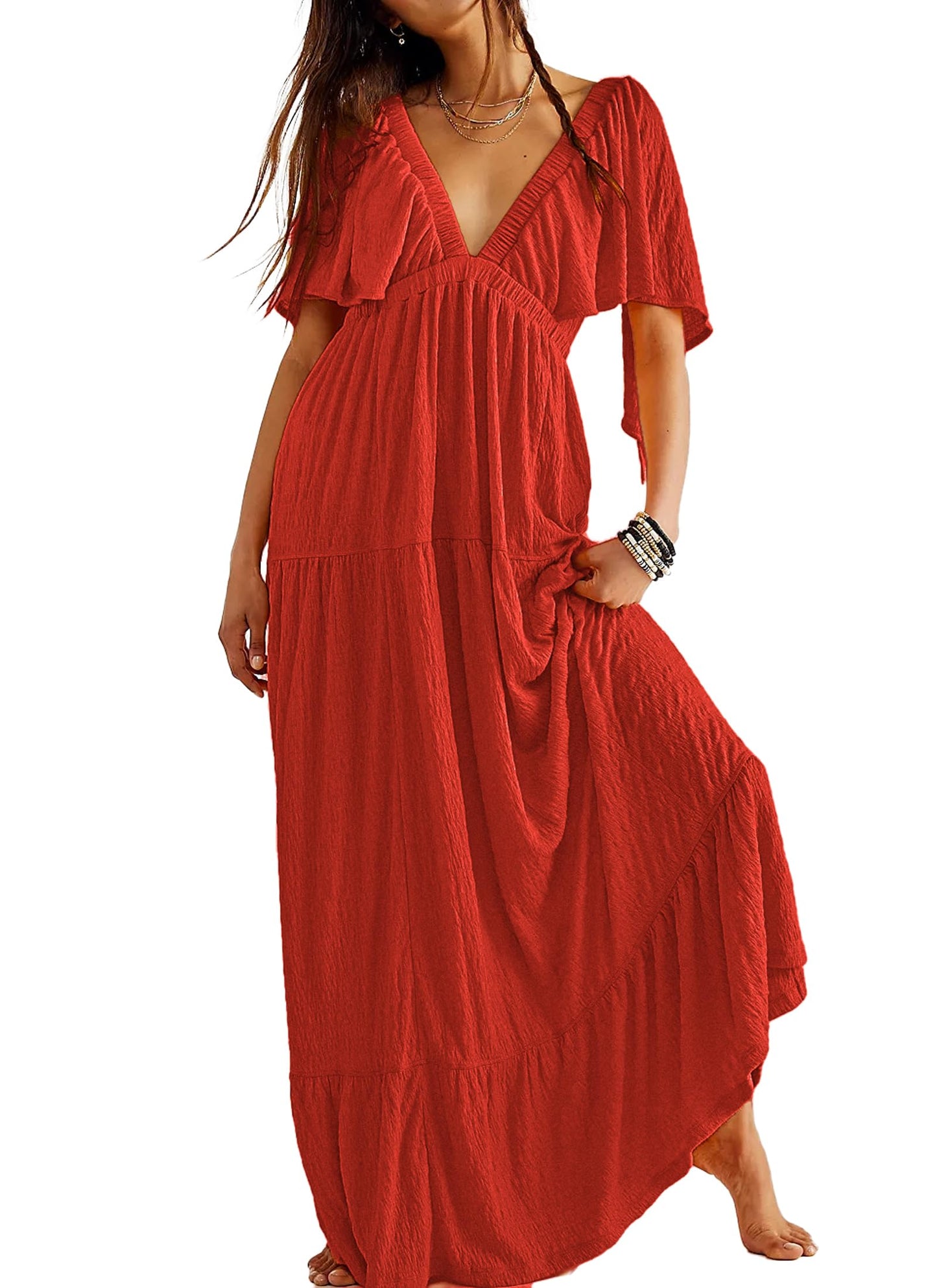 Kikibell Women Summer Dresses Sexy V-Neck Maxi Dress Tiered Silhouette with Flutter Sleeve Backless Elastic Waist Flowy Dress