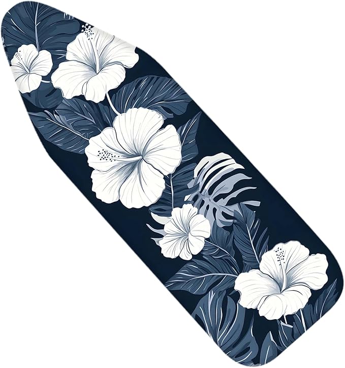 Nuxovilar White Hibiscus & Blue Leaf Ironing Board Cover, 15 * 54inch, Fits