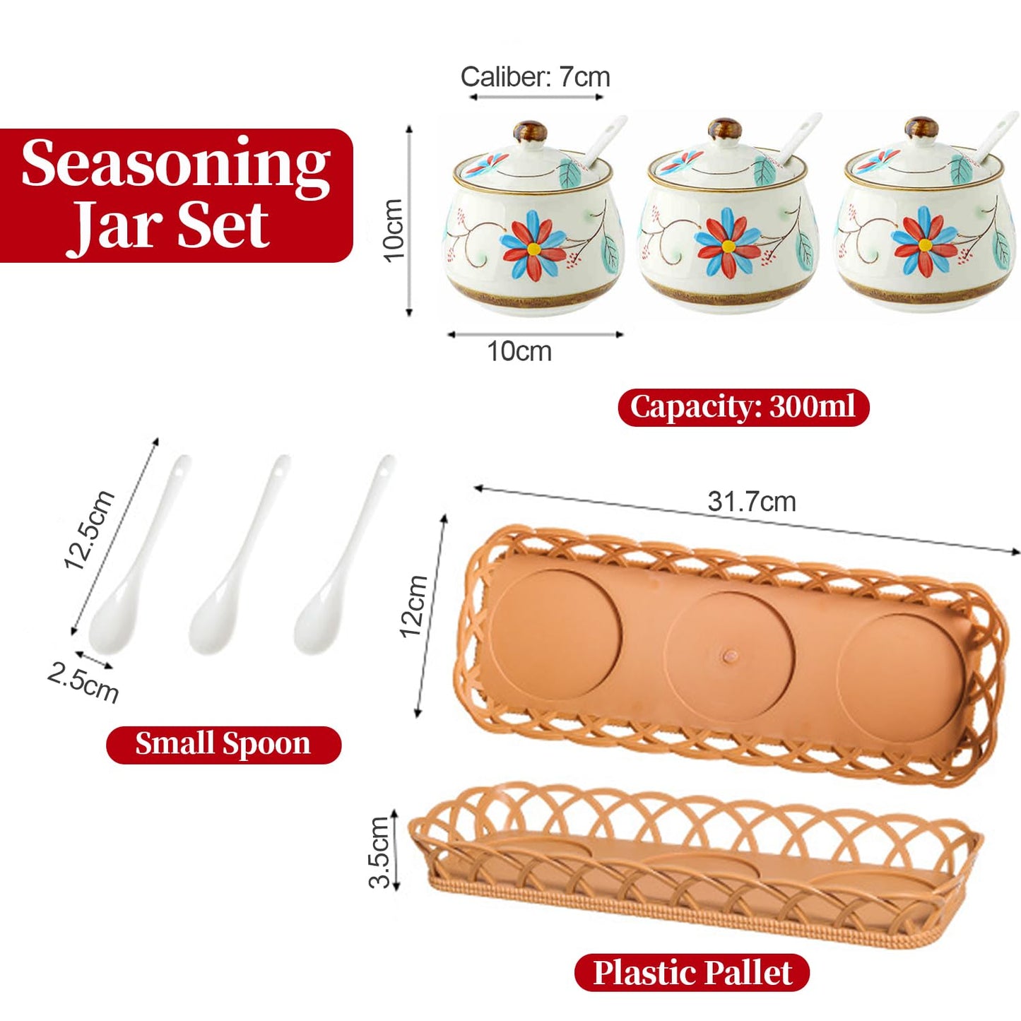 Orkim Kitchen Ceramic Condiment Jars with Lids and Spoons, 3 Piece Porcelain Seasoning Jar Set for Salt Spice Pepper Suger Bowl, Coffee Tea Container Pot with Serving Tray - Blue Flower